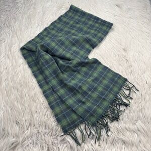 Fox Ford 100% Lambswool Fringe Edge Plaid Scarf Green Blue Made in Scotland